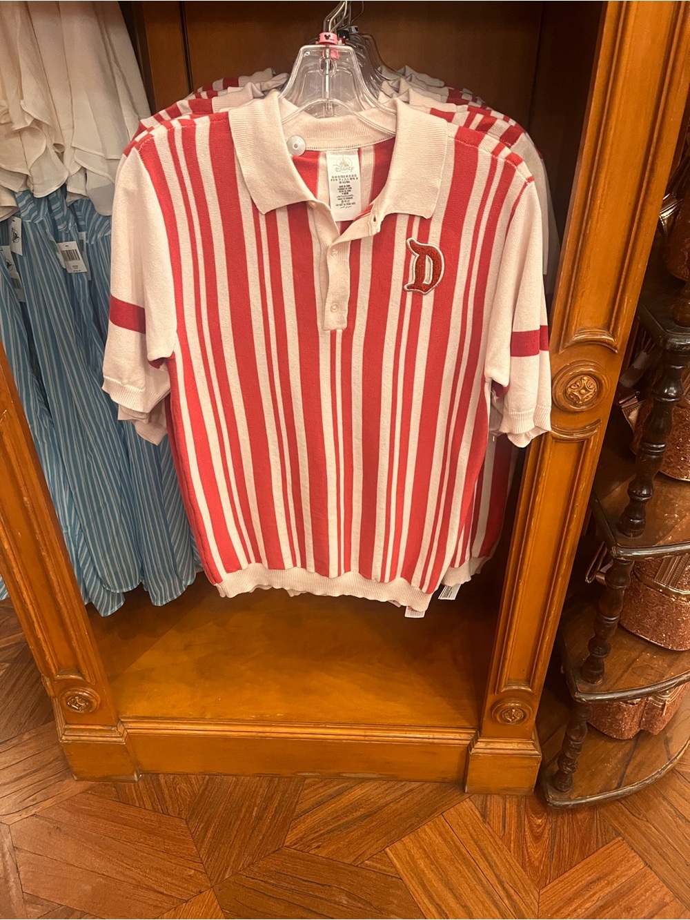 Disney Red & White Striped Polo Shirt with Embroidered D